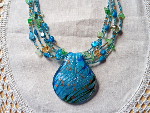 Vintage Cg Art Glass Multi-strand Necklace Beachy… - image 8