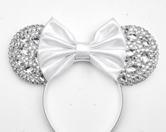 Mouse Ears,  Headband Ears,  Crystals with White Bow Sparkle Ears,  Black Ears, Sparkle Collection, Magical Ears Mouse Ears, Mickey Ears
