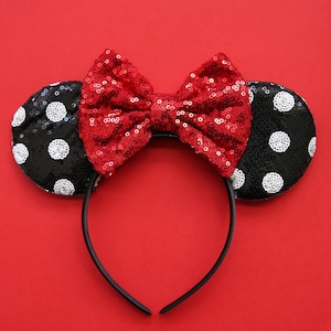 DISNEY PARKS MINNIE MOUSE RED WHITE POLKA DOT BIG 12 INCH SEQUIN BOW HEADBAND 