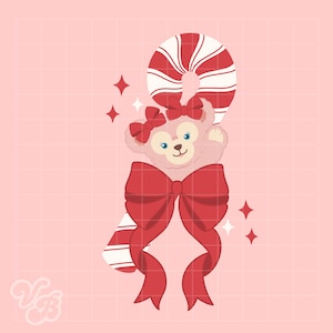 May include: A pink cartoon bear with a red bow and a candy cane on a pink grid background. The candy cane is red and white striped. The bear has a red bow on its head and a large red bow around its neck. There are sparkling star accents.