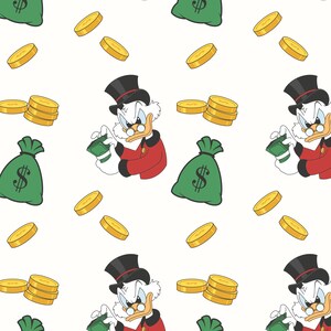 Puede incluir: Patrón repetitivo con Rico McPato, monedas de oro y bolsas de dinero verdes con símbolos de dólar. Rico lleva un sombrero de copa negro, un abrigo rojo y gafas. El fondo es blanco.