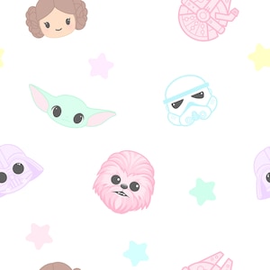 May include: A seamless pattern featuring pastel-colored cartoon characters from Star Wars. The characters include Princess Leia, Yoda, Chewbacca, Darth Vader, and a Stormtrooper. The background is white with pastel-colored stars.