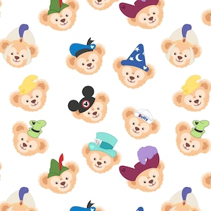 May include: A repeating pattern of cartoon bear faces, each wearing a different hat. Hats include a wizard's hat, a sailor's cap, a Mickey Mouse hat, and a Mad Hatter hat. The bears are light brown with white and black accents, set against a white background.