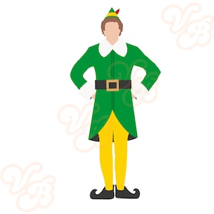 May include: A vector illustration of a person in an elf costume. The costume is green with a white collar and cuffs, a black belt, and yellow pants. The elf is wearing a green and yellow hat with a red feather and black shoes.