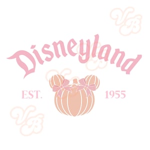 May include: A light pink Disneyland logo with a pumpkin design featuring mouse ears and bows. The text "EST. 1955" is also included. The background is white with a light pink design.