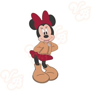 May include: A cartoon illustration of a female mouse wearing a brown jacket, a red skirt, and brown shoes. She has a red bow in her hair and is smiling.