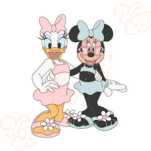 May include: Two cartoon characters, a duck and a mouse, are wearing summer outfits and sandals. The duck is wearing a pink dress and the mouse is wearing a blue dress. Both characters are smiling.