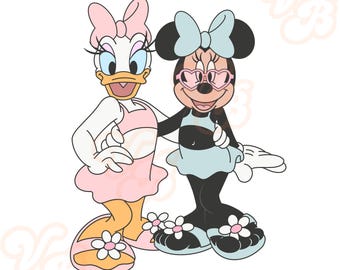 Migliori amiche dell'estate, Minnie, Paperina, costume da bagno, occhiali da sole, occhiali da sole, sirena PNG rosa, sublimazione, Disney, estate, conchiglia, rosa, menta