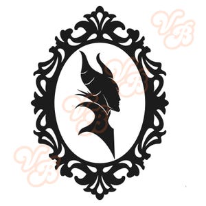 May include: A black silhouette of a character with horns and a pointed collar, framed within an ornate, oval border. The frame has a detailed, vintage design. This is a graphic illustration.