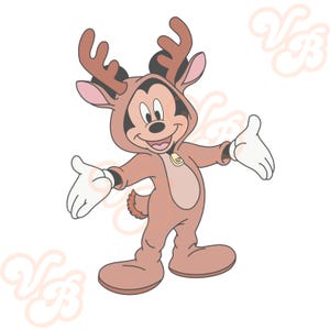May include: A cartoon character wearing a brown reindeer costume with large antlers. The character has a big smile and is holding out both hands.