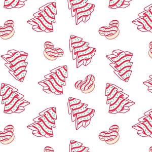 Pode incluir: Padrão repetitivo de biscoitos em forma de árvore de Natal e Mickey Mouse. Os biscoitos são vermelhos e brancos com granulado verde, sobre um fundo branco.