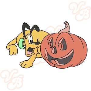 Peut inclure: Un chien de dessin animé jaune avec un collier vert regarde une grande citrouille orange avec un visage de citrouille sculpté.