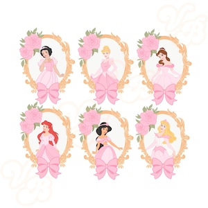 Princess frame, princesses, Disney, belle, Cinderella, Tiana, jasmine, aurora, Snow White, Ariel, heart locket, pink, coquette, bows,