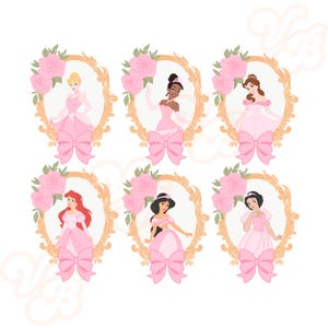 Princess frame, princesses, Disney, belle, Cinderella, Tiana, jasmine, aurora, Snow White, Ariel, heart locket, pink, coquette, bows,