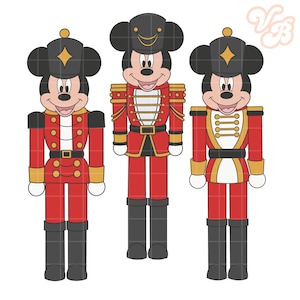 May include: Three cartoon nutcracker figures featuring Mickey Mouse in red and gold military-style uniforms and black hats. Each figure has a smiling face and is standing upright. The background is white.