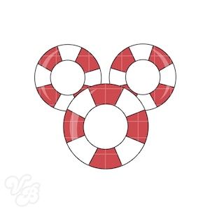 May include: Three red and white life preservers arranged in a triangular pattern. Each life preserver has a circular shape with alternating red and white segments. The background is plain white.