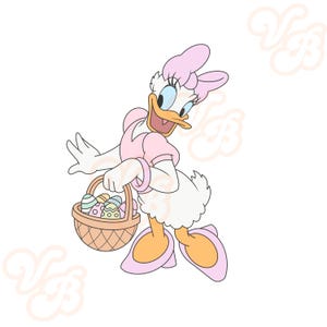 May include: A cartoon duck wearing a pink dress and a pink bow in her hair carries a basket of colorful Easter eggs.