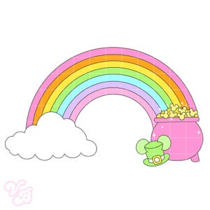 May include: A colorful illustration of a rainbow with a cloud, a pot of gold, and a green leprechaun hat. The rainbow has bands of orange, yellow, green, blue, and pink. The pot is pink and filled with gold coins.