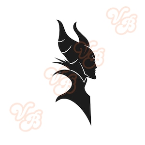 May include: A black silhouette of a character with large horns, a pointed collar, and a detailed headpiece. The design is on a white background, with decorative cursive initials in the corners.
