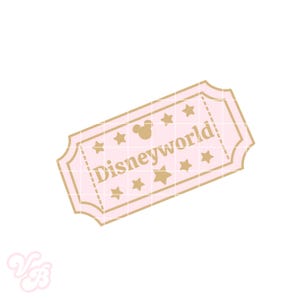 May include: A light pink ticket with a gold border and the word "Disneyworld" printed in the center. The ticket features gold stars and a Mickey Mouse head icon. The ticket is on a white background.