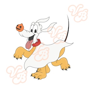May include: A cartoon dog in a ghost costume, with a pumpkin nose, red collar, and a long black tail. The dog is running with its tongue out, and the ghost costume is white. The dog's paws are yellow.