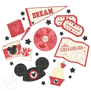 Puede incluir: Colección de ilustraciones de Disney en rojo y crema. Incluye un banderín con "DREAM", entradas, un mapa de Tomorrowland, una cámara, un bloc de notas, un bolígrafo, una rueda "Where to Go", una silueta de Mickey Mouse, un helado y estrellas negras.