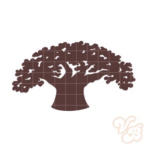 May include: A brown silhouette of a tree with a wide, rounded crown and a thick trunk. The tree's foliage is detailed with irregular shapes, and the background is white. A stylized logo with the letters "VB" is in the lower right corner.