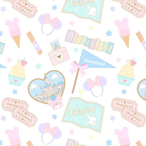 Parques, Disneyland, niña, niño, patrón repetido, ropa, castillo, boleto, letrero, Mickey Mouse, Minnie, orejas de ratón, sombrero, comida,