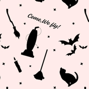 May include: A repeating pattern with black Halloween silhouettes on a pale pink backdrop. The design includes bats, a cat, a broom, a candle, a vacuum cleaner, and stars. The text "Come, We fly!" is also included.