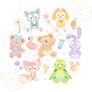 Może przedstawiać: Kolekcja uroczych kreskówkowych postaci zwierząt w letnich strojach. Postacie obejmują kota, psa, niedźwiedzia, królika, lisa i żółwia. Wszystkie postacie się uśmiechają i wygląda na to, że cieszą się letnią pogodą.