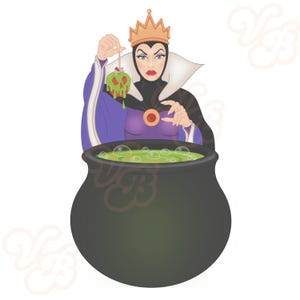 May include: A cartoon illustration of the Evil Queen from Snow White, wearing a purple and white dress and a crown, holding a poisoned apple over a cauldron of green bubbling liquid.