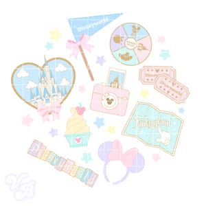 Puede incluir: Una colección de ilustraciones de Disney en colores pastel. Incluye un castillo en un corazón, una cámara, un mapa, un helado soft, una bandera, entradas y una diadema. La palabra "Disneyworld" está presente en varios artículos.