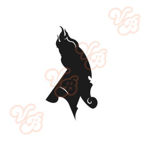 Può includere: Silhouette nera del profilo di una persona, con un'acconciatura stilizzata con forme a fiamma. Il design include un elemento decorativo di colore marrone chiaro. Lo sfondo è bianco, con un logo ripetuto.