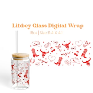 Copo digital Libbey Glass, embalagem digital, png, 16oz, vidro, laço, cowgirl costeira, vermelho, cowgirl espacial, western, presente, xícara de café, botas, discoteca