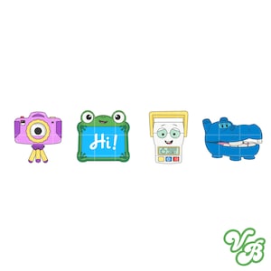 May include: Four cartoon illustrations: a pink camera on a tripod, a green frog holding a blue sign with "Hi!", a white and yellow device with a "Good Job!" display, and a blue hippo.