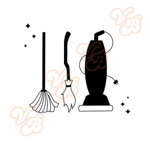 May include: A black and white illustration featuring a mop, a broom, and a vacuum cleaner. The mop has a white head, the broom has a curved handle and white bristles, and the vacuum has a brown decorative design.
