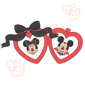May include: A cartoon illustration featuring Mickey and Minnie Mouse in heart-shaped frames. Minnie wears a bat-themed bow, while Mickey dons a vampire cape. A black bow and ribbon adorn the top, with a white background.