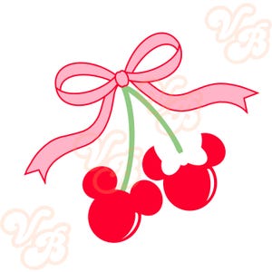 Disney Cherry Pink PNG, bow, Minnie Mouse, Mickey Mouse, cherries, girly, summer, valentines day