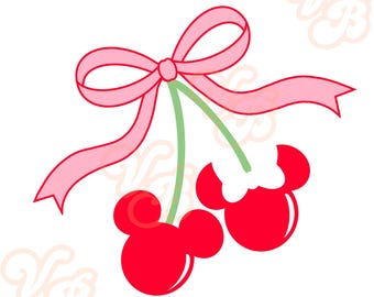 Disney Cherry Pink PNG, bow, Minnie Mouse, Mickey Mouse, cherries, girly, summer, valentines day