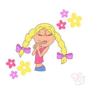 Puede incluir: Ilustración de dibujos animados de una niña sonriente con coletas rubias atadas con lazos rosas. Lleva una camiseta sin mangas rosa y pantalones cortos azules, con las manos juntas frente a ella. Flores rosas y amarillas esparcidas a su alrededor.