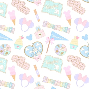 Puede incluir: Un patrón repetitivo de ilustraciones de Disney en colores pastel. El diseño incluye conos de helado, diademas con orejas de ratón, mapas, entradas, cámaras y corazones en forma de castillo, todo sobre un fondo blanco.