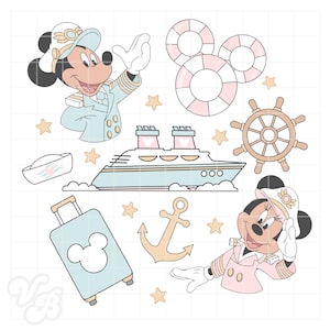 Puede incluir: Ilustración digital con Mickey y Minnie Mouse con atuendos náuticos, junto con un crucero, salvavidas, un timón, ancla, maleta y estrellas. La paleta de colores incluye azul claro, rosa y beige.
