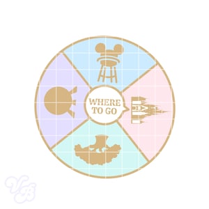 Puede incluir: Gráfico circular con cuatro cuadrantes de colores: azul, rosa, morado y turquesa. Cada cuadrante contiene un icono dorado que representa una atracción de parque temático. El centro presenta el texto "WHERE TO GO" en una burbuja.