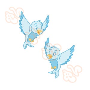 May include: Two blue cartoon birds with yellow beaks and white eyes are flying against a white background with light blue clouds.