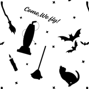 May include: A black and white Halloween pattern with silhouettes of a vacuum cleaner, broom, bats, cat, candle, and stars. The text "Come, We fly!" is in a script font. Ideal for fabric, wallpaper, or decorative items. A spooky design.