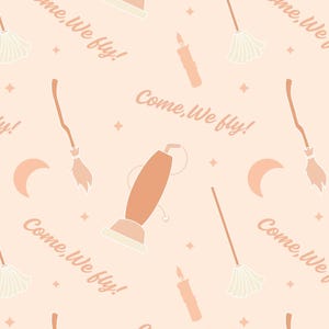 May include: A repeating pattern on a light peach background featuring Halloween illustrations. The design includes brooms, candles, crescent moons, a vacuum cleaner, and the phrase "Come, We fly!" in a stylized font. Small star shapes are also scattered throughout the pattern.