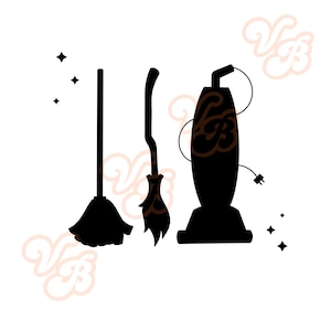 May include: Black silhouette illustration of a broom, a witch's broom, and a vacuum cleaner. The image includes decorative star shapes and a decorative design on the vacuum cleaner.