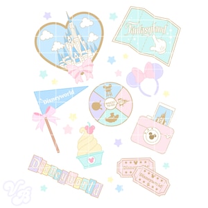 Puede incluir: Una colección de ilustraciones pastel de temática Disney. Incluye un castillo en un corazón, un mapa, una cámara, un helado soft, una bandera, una rueda, una diadema y entradas. También está presente la palabra "Disneyworld".