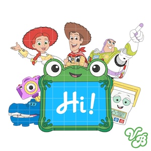 May include: A digital illustration featuring characters from the Toy Story franchise. Woody, Jessie, and Buzz Lightyear are depicted above a green frog-shaped frame with the word "Hi!" in blue. Other characters and accessories are also included.
