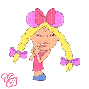 Puede incluir: Ilustración de dibujos animados de una niña rubia con los ojos cerrados, vestida con una camiseta rosa y pantalones cortos azules. Tiene dos largas trenzas con lazos rosas y un gran lazo rosa en la parte superior de la cabeza. La niña sonríe con las manos juntas.
